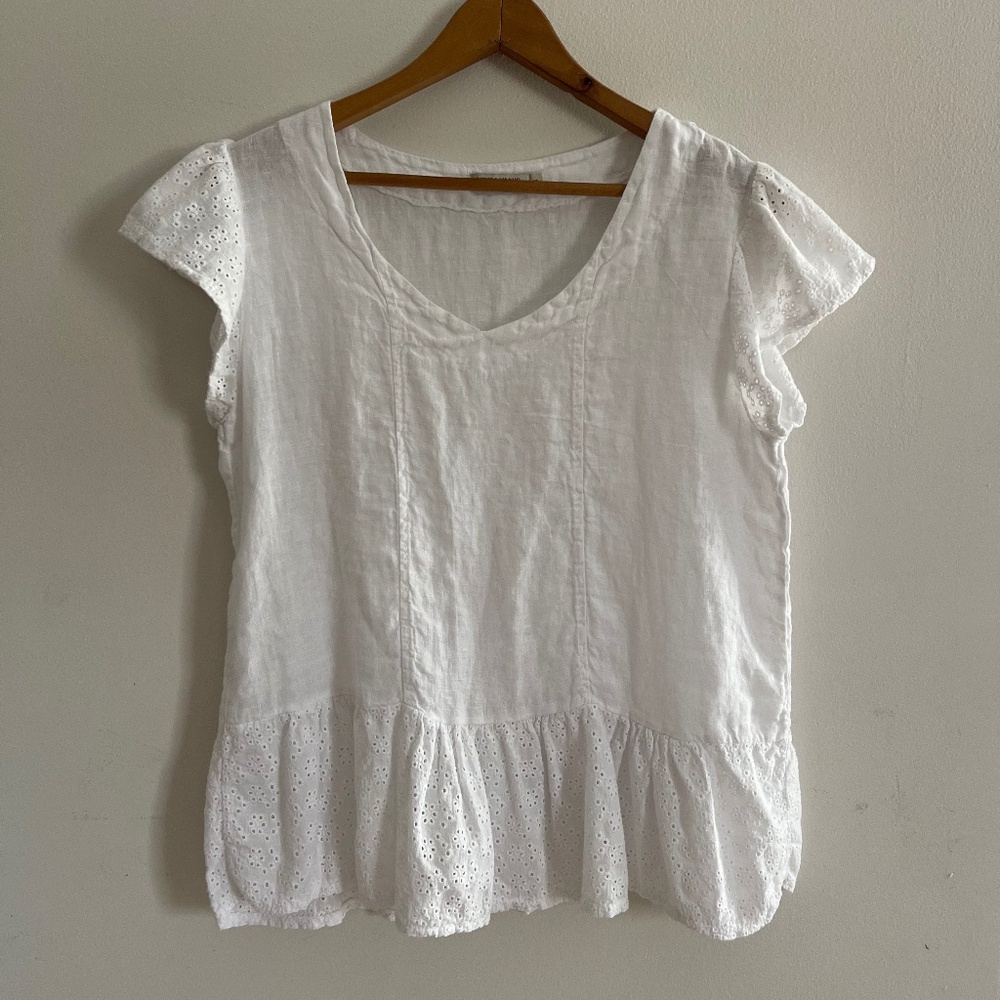 Lung O L'Arno Italian 100% Linen Top White Eyelet Peplum Small Trad Wife Coastal